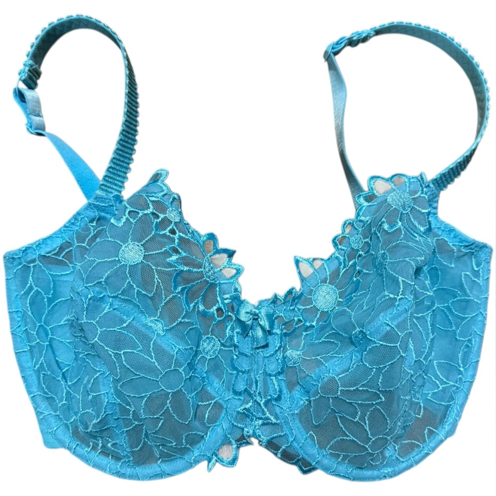 Panache vintage superbra sheer vibrant blue Floral Lace Bra 32G underwire bust